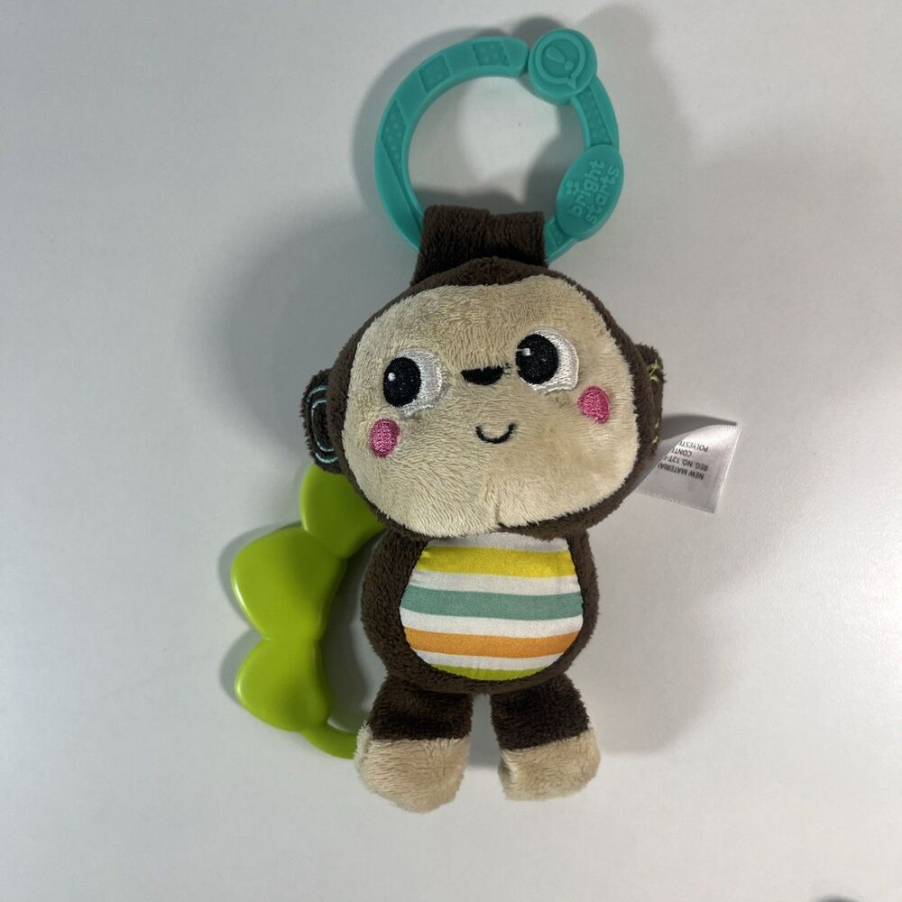 Bright Starts Monkey Plush Teether Brown Tan Stripes Green Rings Leaves Toy